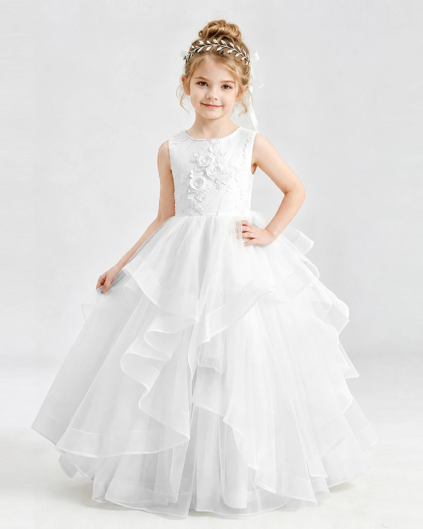 White Tulle Ball Gown Pageant Dress Front View