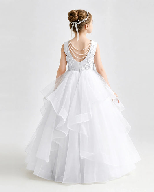 White Tulle Ball Gown Pageant Dress Back View