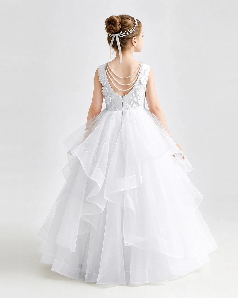 White Tulle Ball Gown Pageant Dress Back View
