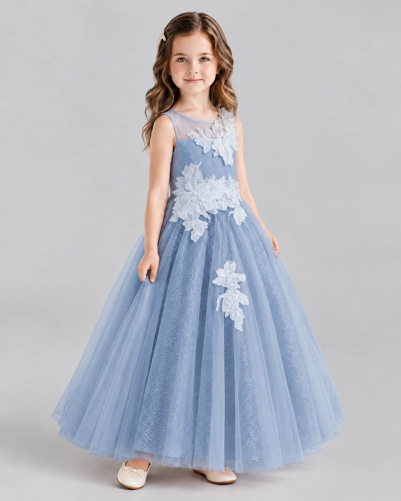 Dusty Blue Ball Gown Flower Girl Dresses Side