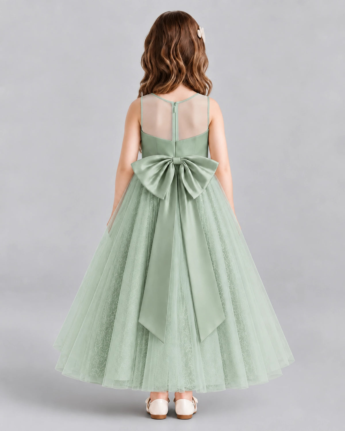 Sage Green Ball Gown Flower Girl Dresses Back