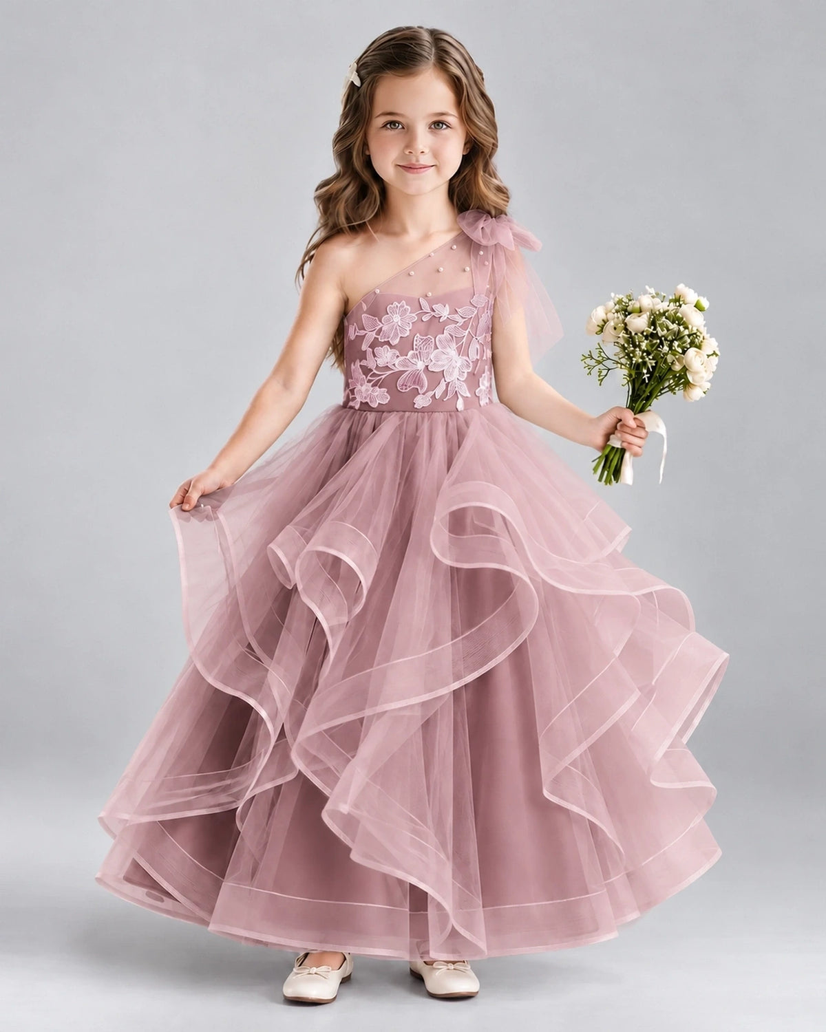 Dusty Rose Ball Gown Girls Formal Dresses Front