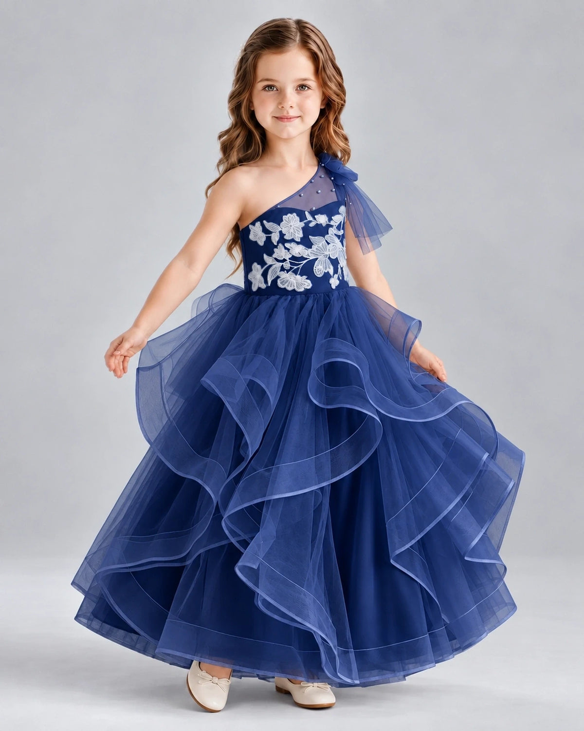 Navy Blue Ball Gown Girls Formal Dresses Side