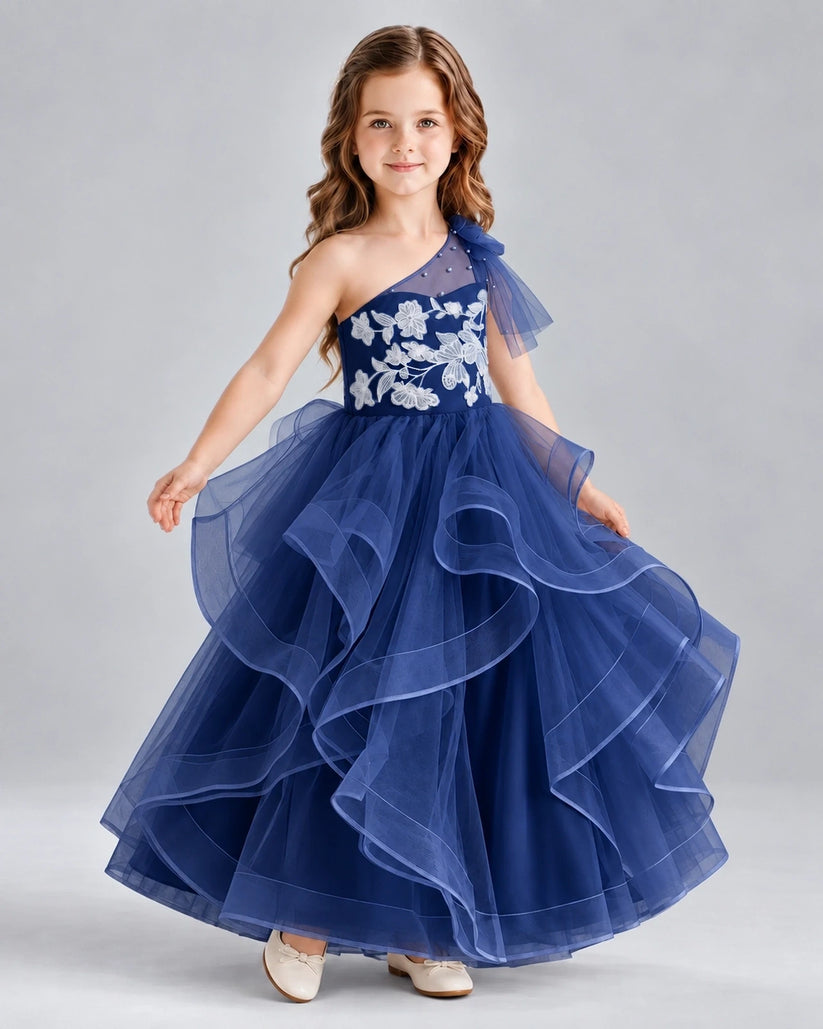 Navy Blue Ball Gown Girls Formal Dresses Side