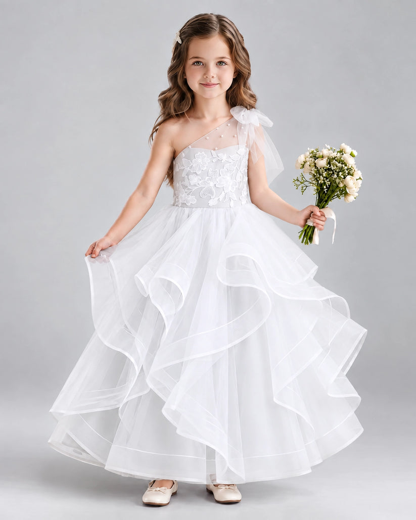 White Ball Gown Girls Formal Dresses Front
