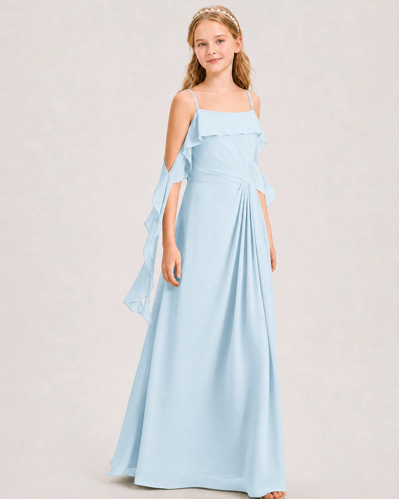 Baby Blue Junior Bridesmaid Dress Cold-Shoulder Ruffle Asymmetric Draped Slit Chiffon A-Line Gown Front Full View