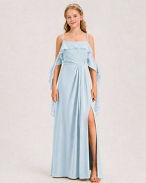 Baby Blue Junior Bridesmaid Dress Cold-Shoulder Ruffle Asymmetric Draped Slit Chiffon A-Line Gown Front Full View