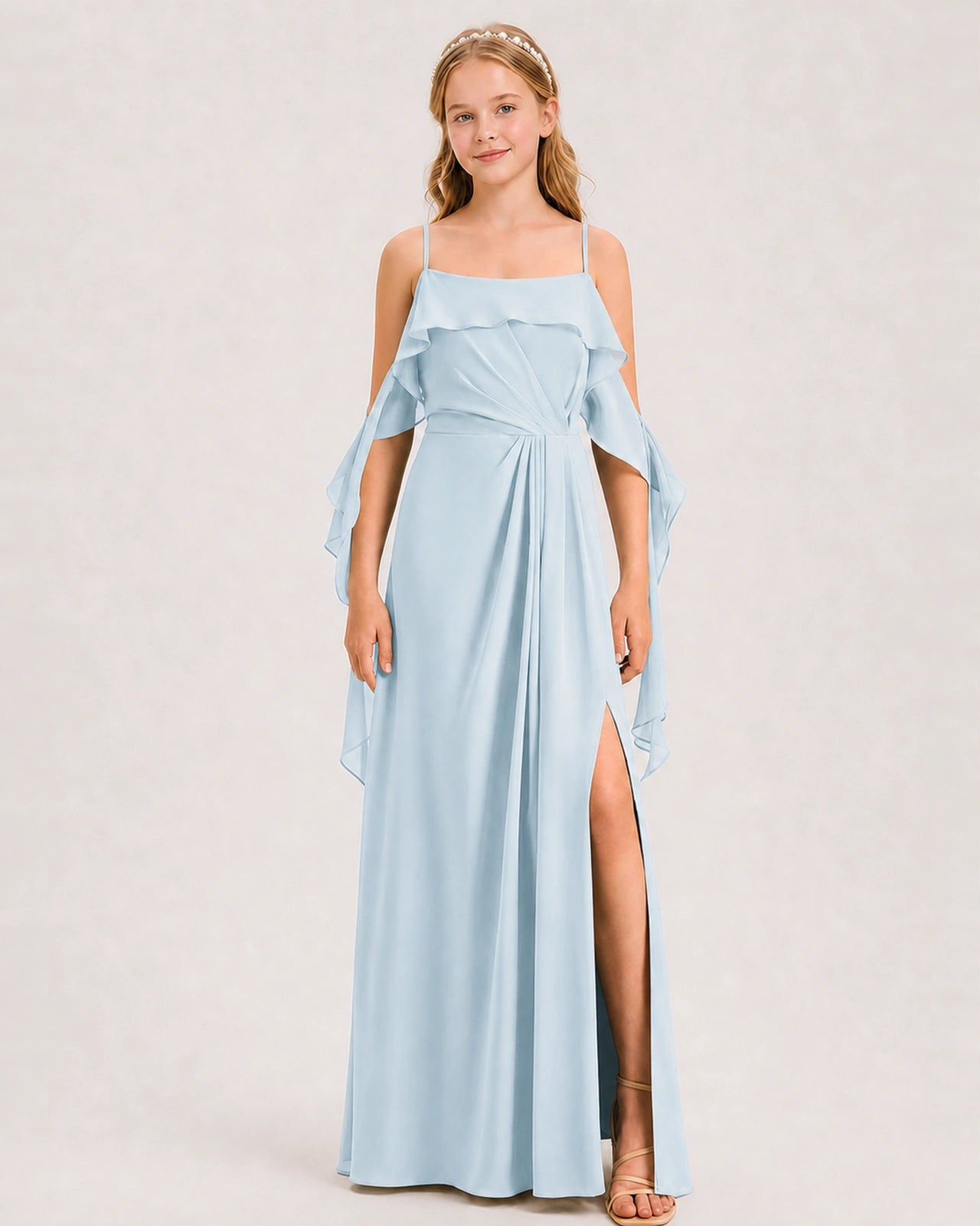 Baby Blue Junior Bridesmaid Dress Cold-Shoulder Ruffle Asymmetric Draped Slit Chiffon A-Line Gown Front Full View