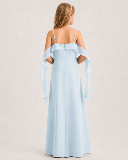 Baby Blue Junior Bridesmaid Dress Cold-Shoulder Ruffle Asymmetric Draped Slit Chiffon A-Line Gown Back Full View