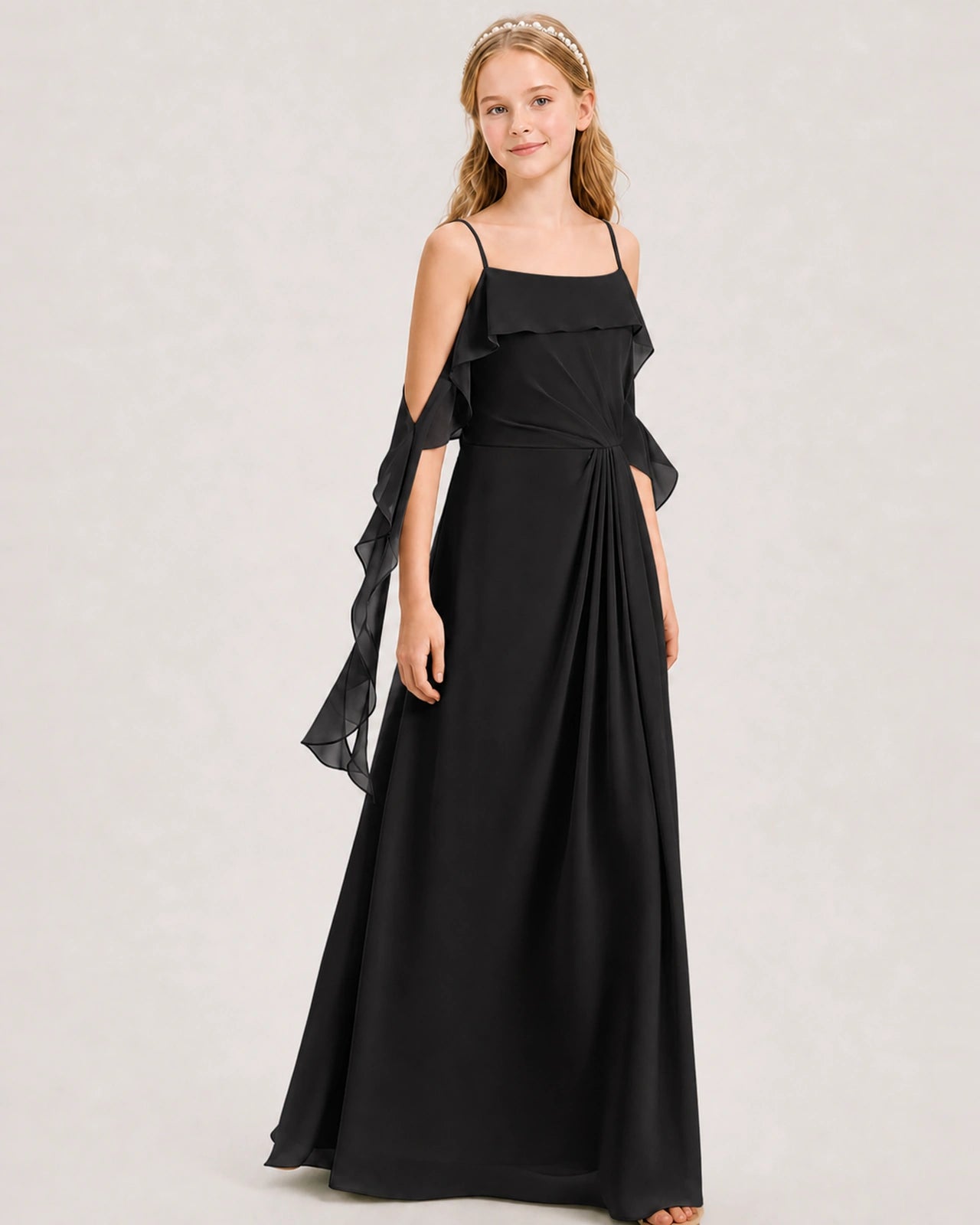Black Junior Bridesmaid Dress Cold-Shoulder Ruffle Asymmetric Draped Slit Chiffon A-Line Gown Front Full View
