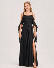 Black Junior Bridesmaid Dress Cold-Shoulder Ruffle Asymmetric Draped Slit Chiffon A-Line Gown Front Full View