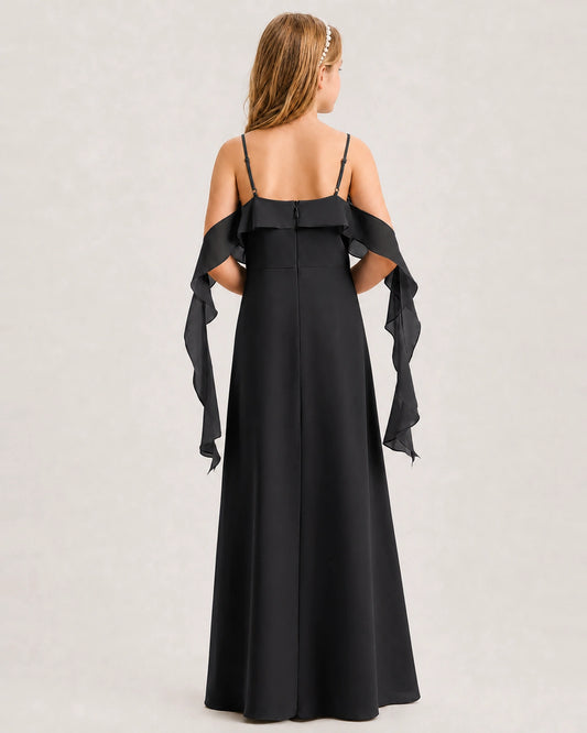 Black Chiffon A-line Junior Bridesmaid Dress Back View