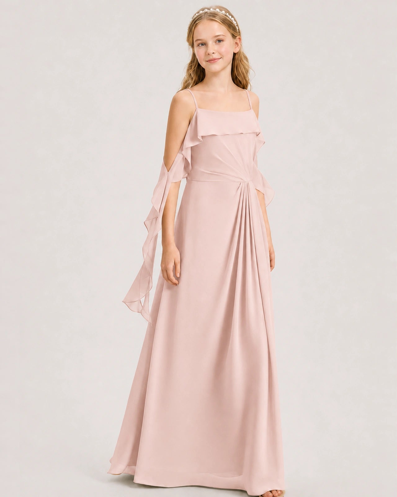 Blush Pink Junior Bridesmaid Dress Cold-Shoulder Ruffle Asymmetric Draped Slit Chiffon A-Line Gown Front Full View