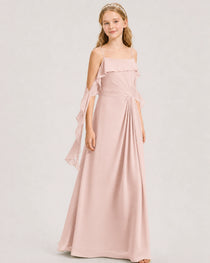 Blush Pink Junior Bridesmaid Dress Cold-Shoulder Ruffle Asymmetric Draped Slit Chiffon A-Line Gown Front Full View