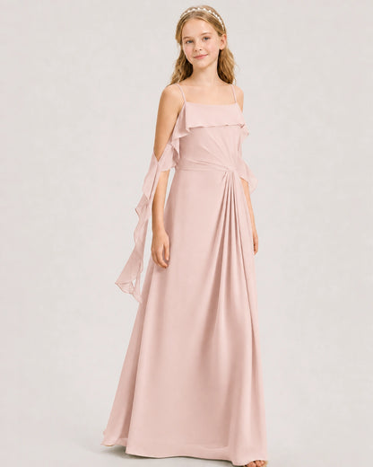 Blush Pink Junior Bridesmaid Dress Cold-Shoulder Ruffle Asymmetric Draped Slit Chiffon A-Line Gown Front Full View