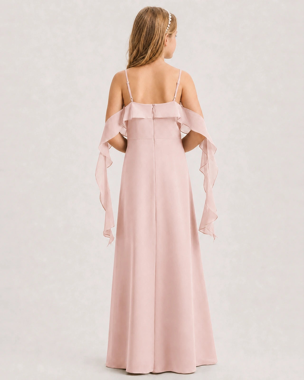 Blush Pink Junior Bridesmaid Dress Cold-Shoulder Ruffle Asymmetric Draped Slit Chiffon A-Line Gown Back Full View