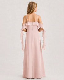 Blush Pink Junior Bridesmaid Dress Cold-Shoulder Ruffle Asymmetric Draped Slit Chiffon A-Line Gown Back Full View