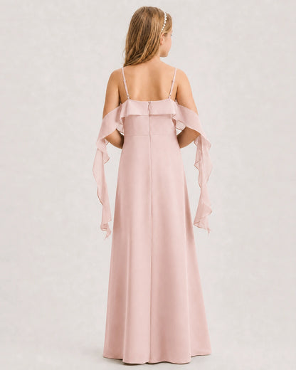 Blush Pink Junior Bridesmaid Dress Cold-Shoulder Ruffle Asymmetric Draped Slit Chiffon A-Line Gown Back Full View