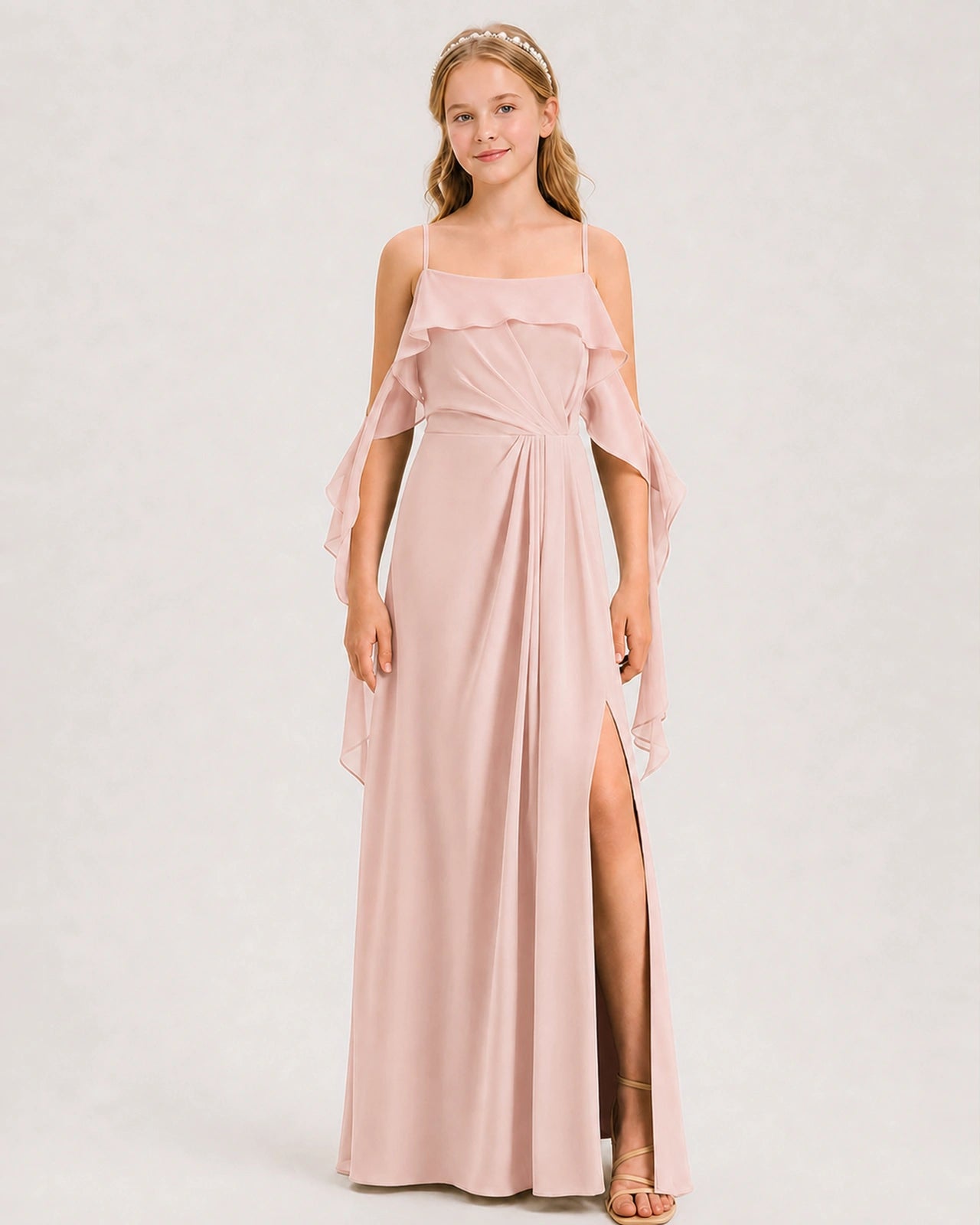 Blush Pink Junior Bridesmaid Dress Cold-Shoulder Ruffle Asymmetric Draped Slit Chiffon A-Line Gown Front Full View メイン画像