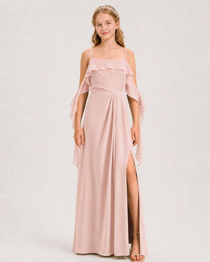 Blush Pink Junior Bridesmaid Dress Cold-Shoulder Ruffle Asymmetric Draped Slit Chiffon A-Line Gown Front Full View