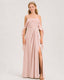 Blush Pink Junior Bridesmaid Dress Cold-Shoulder Ruffle Asymmetric Draped Slit Chiffon A-Line Gown Front Full View