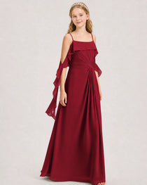 Burgundy Junior Bridesmaid Dress Cold-Shoulder Ruffle Asymmetric Draped Slit Chiffon A-Line Gown Front Full View