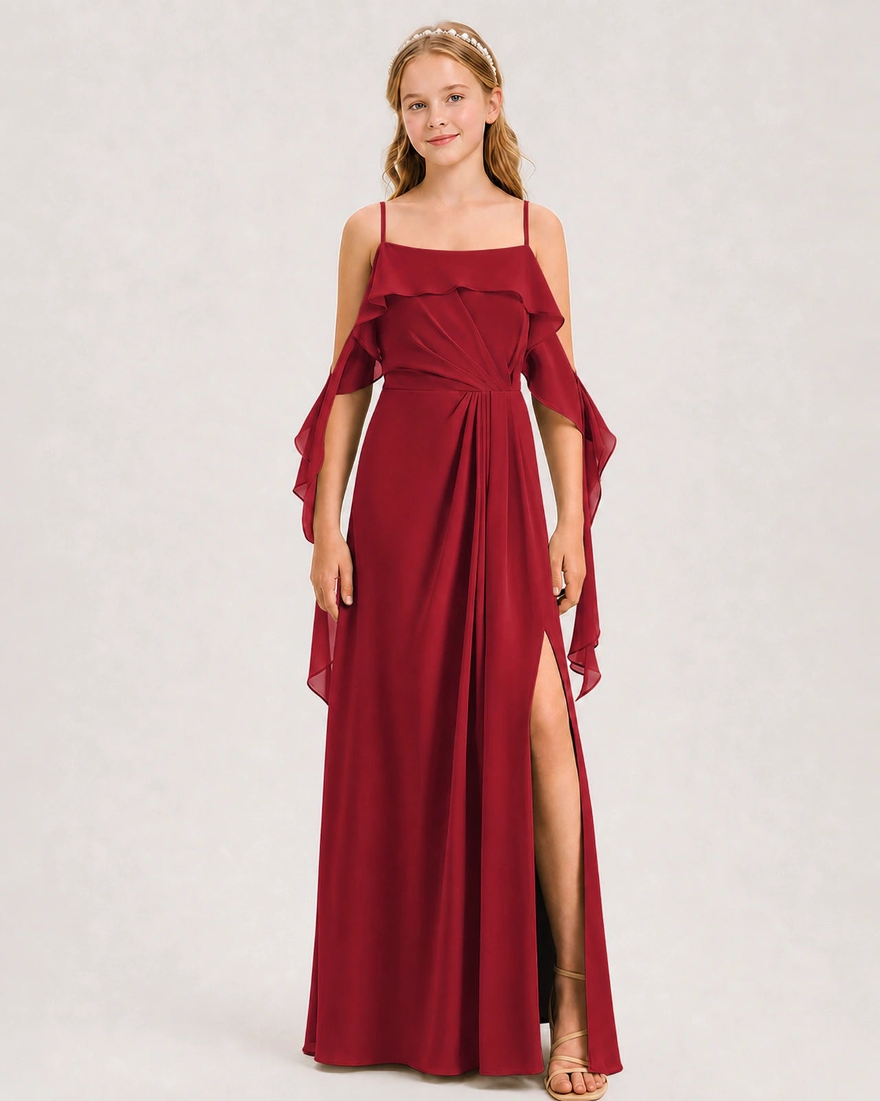Burgundy Junior Bridesmaid Dress Cold-Shoulder Ruffle Asymmetric Draped Slit Chiffon A-Line Gown Front Full View