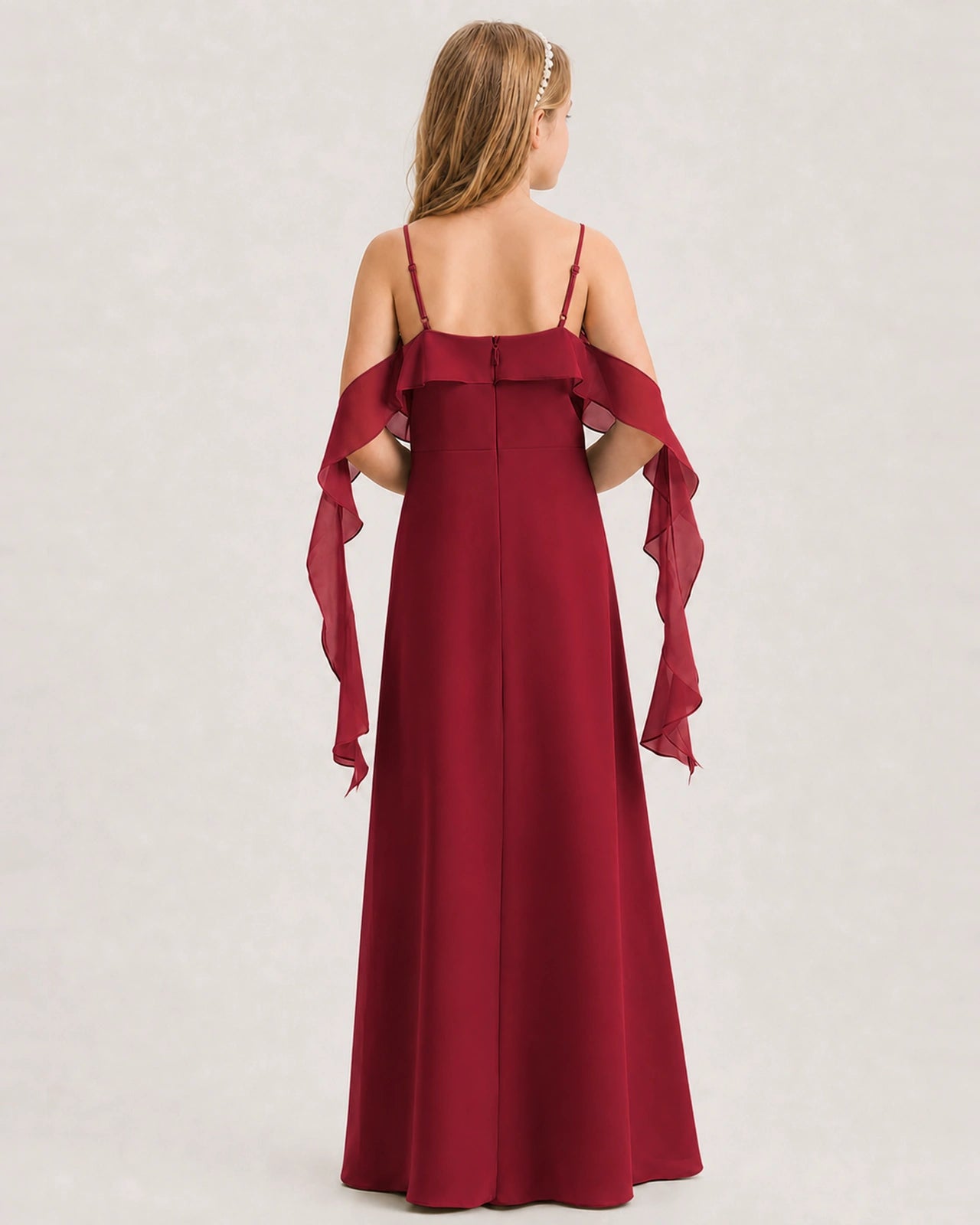 Burgundy Junior Bridesmaid Dress Cold-Shoulder Ruffle Asymmetric Draped Slit Chiffon A-Line Gown Back Full View