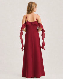 Burgundy Junior Bridesmaid Dress Cold-Shoulder Ruffle Asymmetric Draped Slit Chiffon A-Line Gown Back Full View