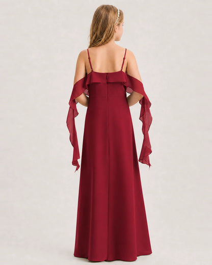 Burgundy Junior Bridesmaid Dress Cold-Shoulder Ruffle Asymmetric Draped Slit Chiffon A-Line Gown Back Full View