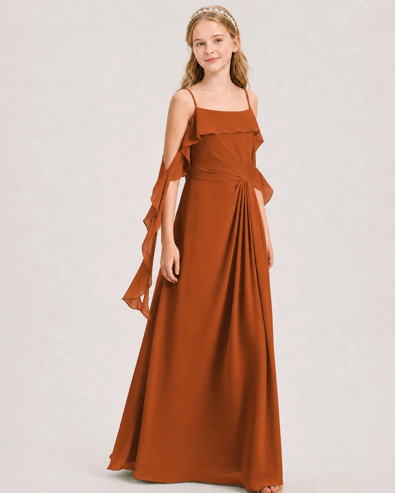Burnt Orange Junior Bridesmaid Dress Cold-Shoulder Ruffle Asymmetric Draped Slit Chiffon A-Line Gown Front Full View