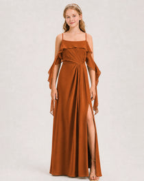 Burnt Orange Junior Bridesmaid Dress Cold-Shoulder Ruffle Asymmetric Draped Slit Chiffon A-Line Gown Front Full View
