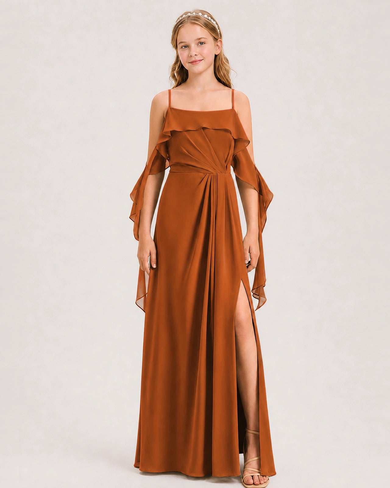 Burnt Orange Junior Bridesmaid Dress Cold-Shoulder Ruffle Asymmetric Draped Slit Chiffon A-Line Gown Front Full View