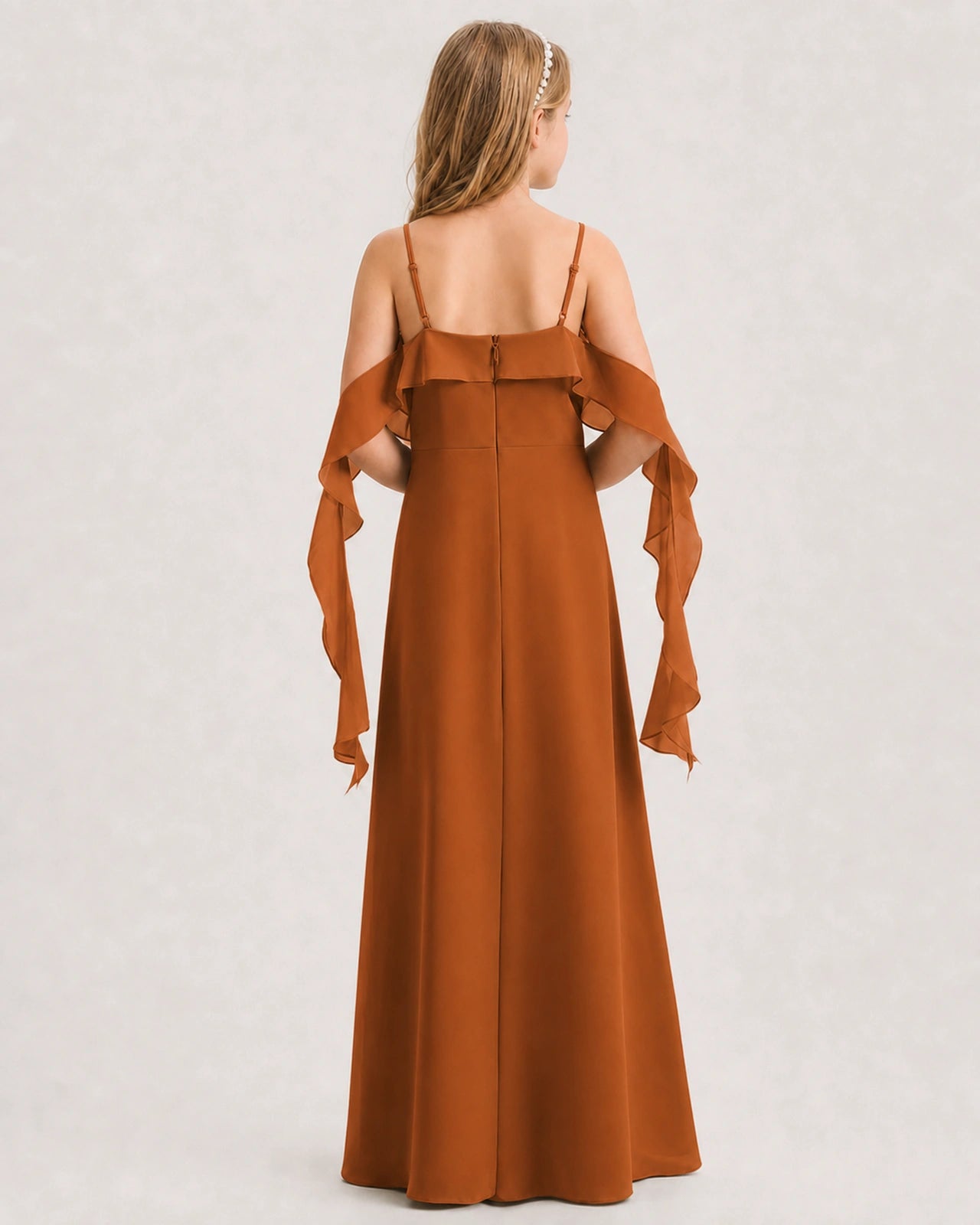 Burnt Orange Junior Bridesmaid Dress Cold-Shoulder Ruffle Asymmetric Draped Slit Chiffon A-Line Gown Back Full View