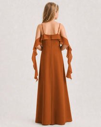 Burnt Orange Junior Bridesmaid Dress Cold-Shoulder Ruffle Asymmetric Draped Slit Chiffon A-Line Gown Back Full View