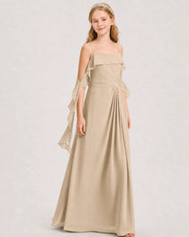 Champagne Junior Bridesmaid Dress Cold-Shoulder Ruffle Asymmetric Draped Slit Chiffon A-Line Gown Front Full View
