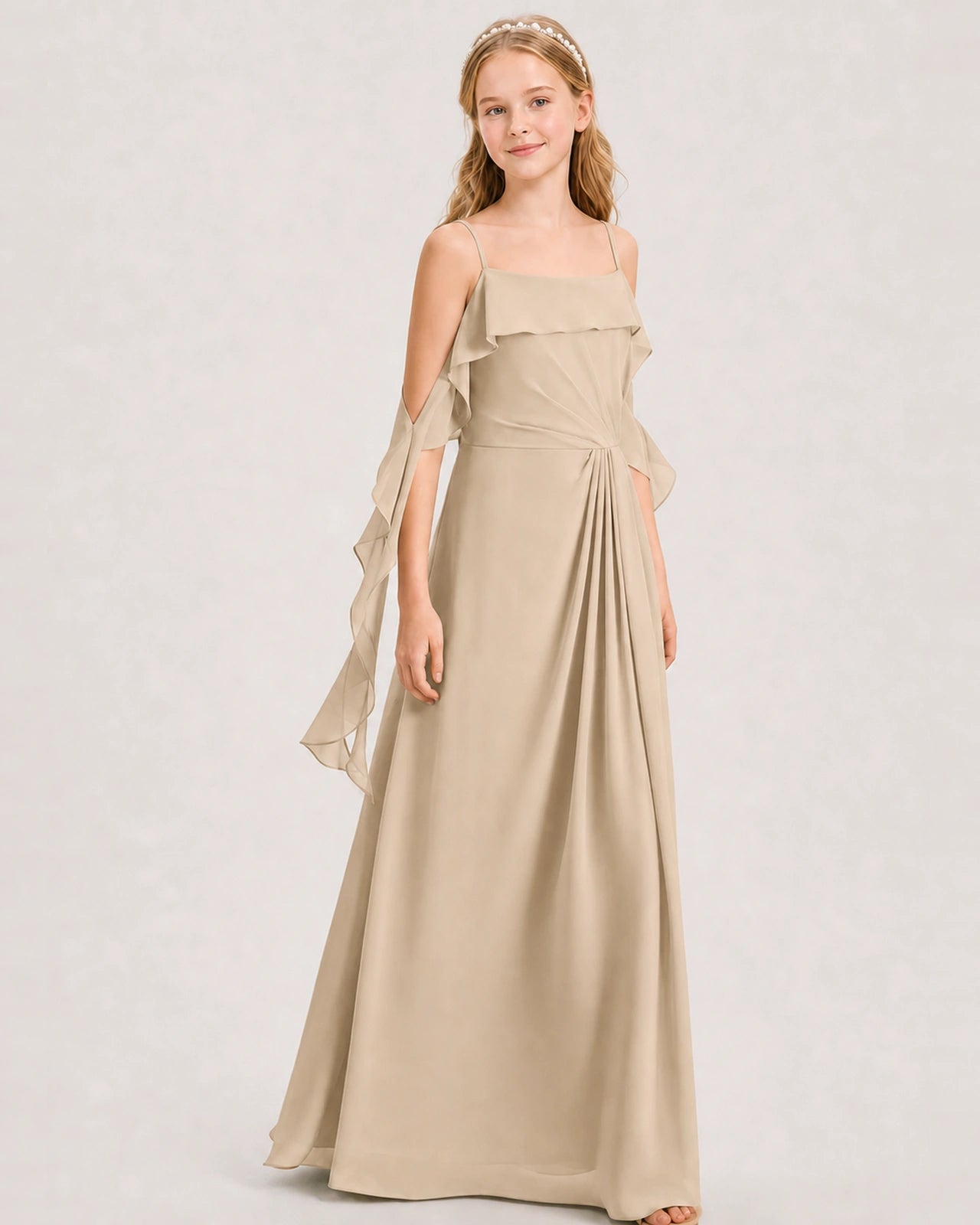 Champagne Junior Bridesmaid Dress Cold-Shoulder Ruffle Asymmetric Draped Slit Chiffon A-Line Gown Front Full View