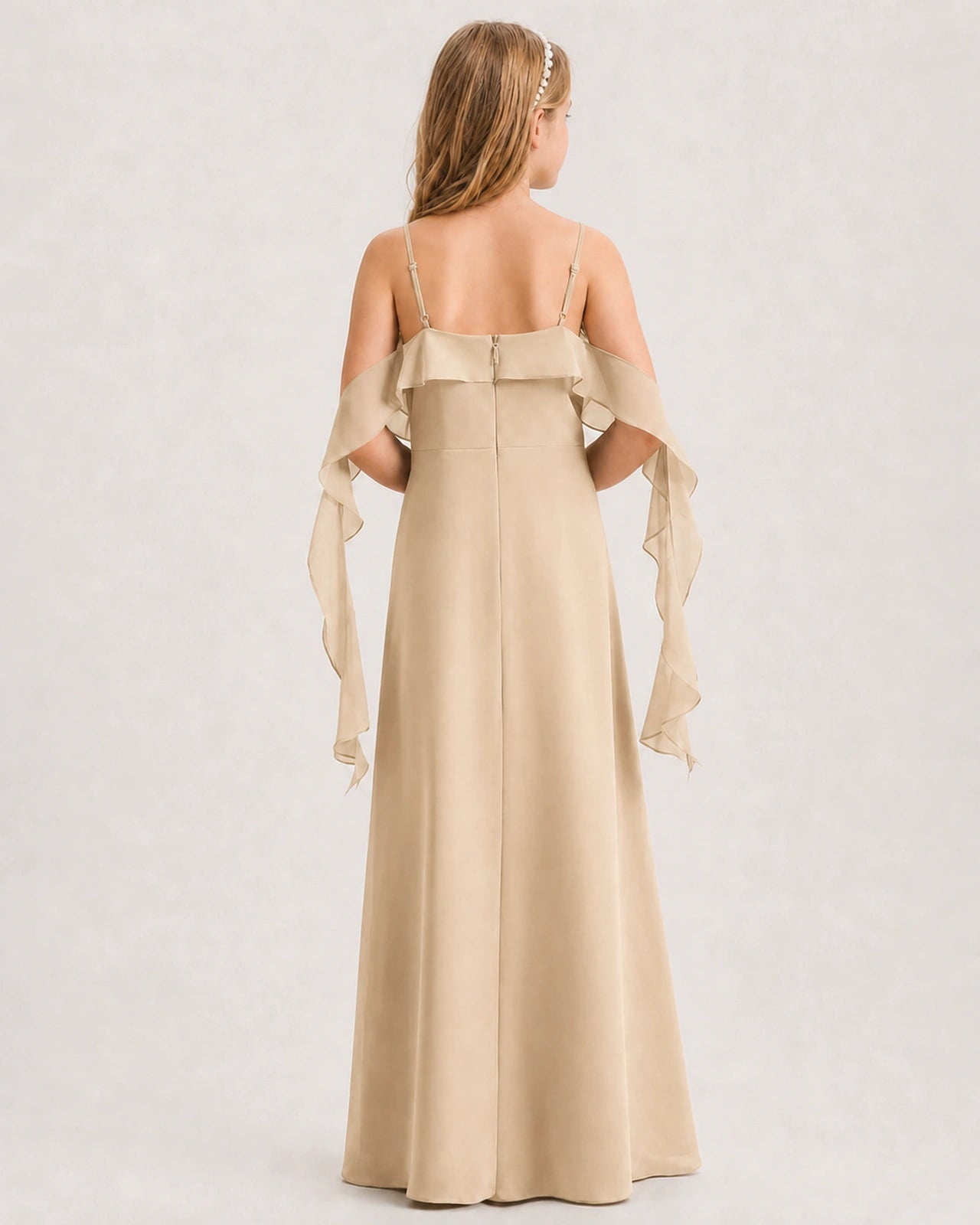 Champagne Junior Bridesmaid Dress Cold-Shoulder Ruffle Asymmetric Draped Slit Chiffon A-Line Gown Back Full View