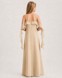 Champagne Junior Bridesmaid Dress Cold-Shoulder Ruffle Asymmetric Draped Slit Chiffon A-Line Gown Back Full View