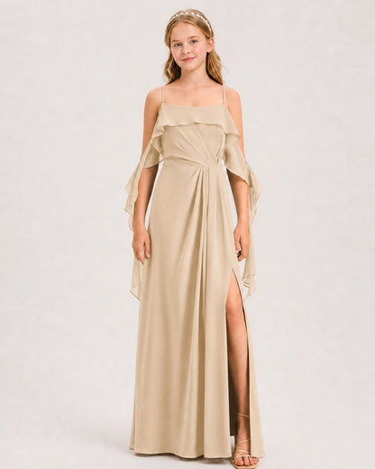 Champagne Junior Bridesmaid Dress Cold-Shoulder Ruffle Asymmetric Draped Slit Chiffon A-Line Gown Front Full View