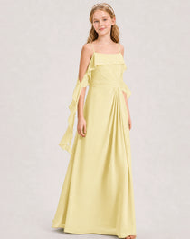 Daffodil Junior Bridesmaid Dress Cold-Shoulder Ruffle Asymmetric Draped Slit Chiffon A-Line Gown Front Full View
