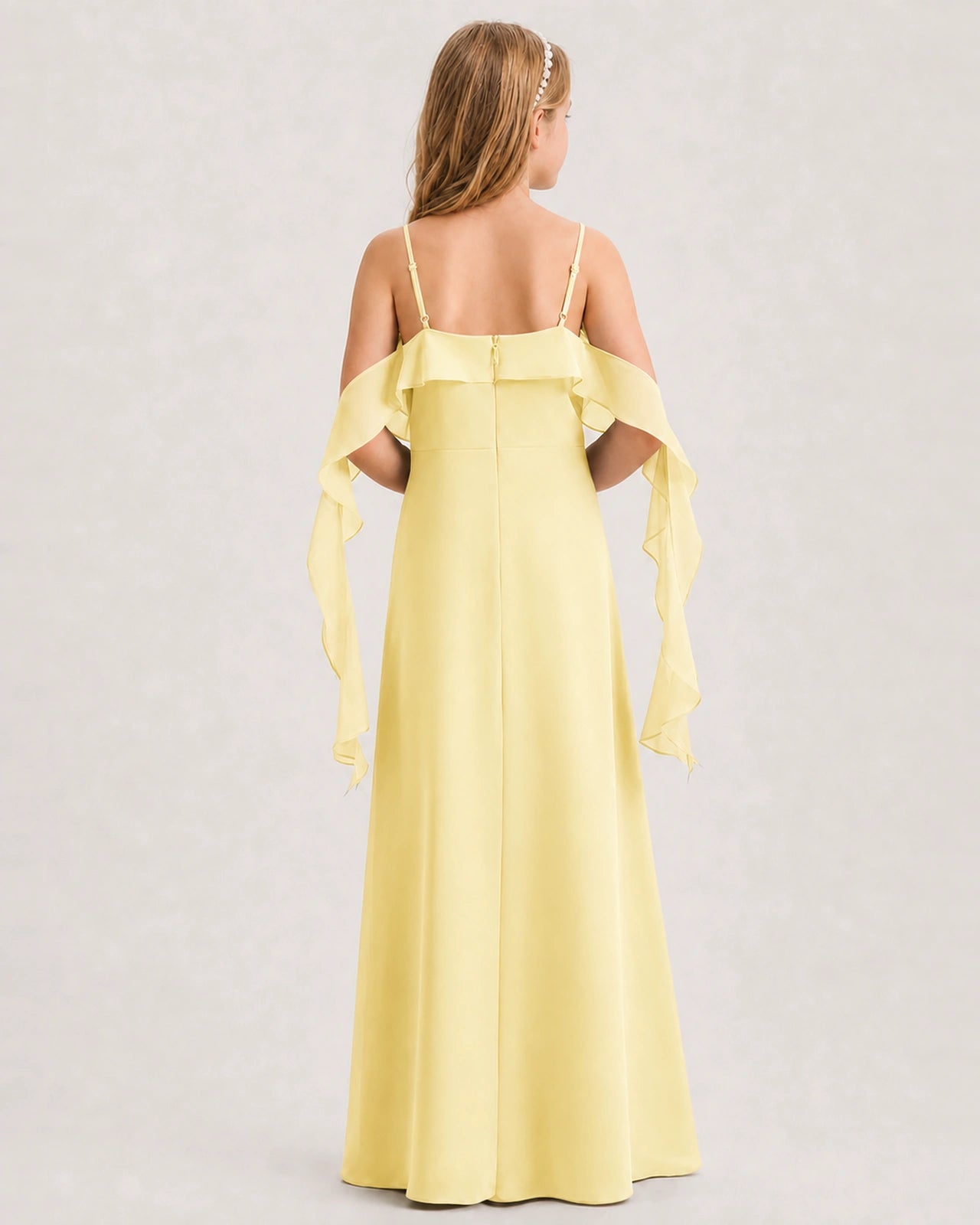Daffodil Junior Bridesmaid Dress Cold-Shoulder Ruffle Asymmetric Draped Slit Chiffon A-Line Gown Back Full View