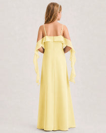 Daffodil Junior Bridesmaid Dress Cold-Shoulder Ruffle Asymmetric Draped Slit Chiffon A-Line Gown Back Full View