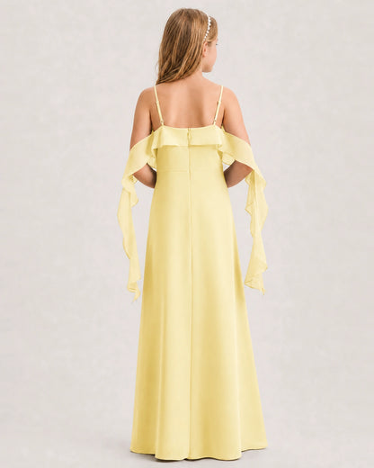 Daffodil Junior Bridesmaid Dress Cold-Shoulder Ruffle Asymmetric Draped Slit Chiffon A-Line Gown Back Full View