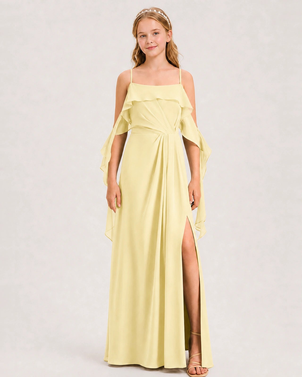Daffodil Junior Bridesmaid Dress Cold-Shoulder Ruffle Asymmetric Draped Slit Chiffon A-Line Gown Front Full View