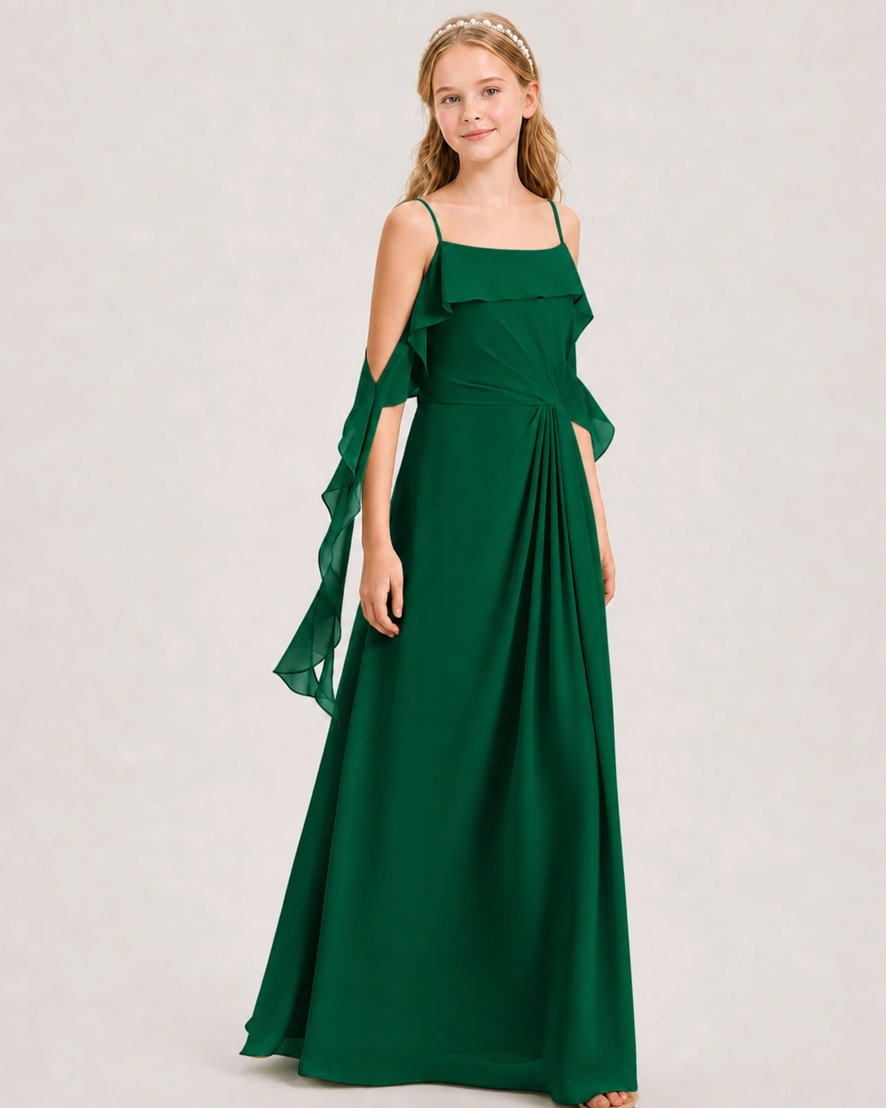 Dark Green Junior Bridesmaid Dress Cold-Shoulder Ruffle Asymmetric Draped Slit Chiffon A-Line Gown Front Full View