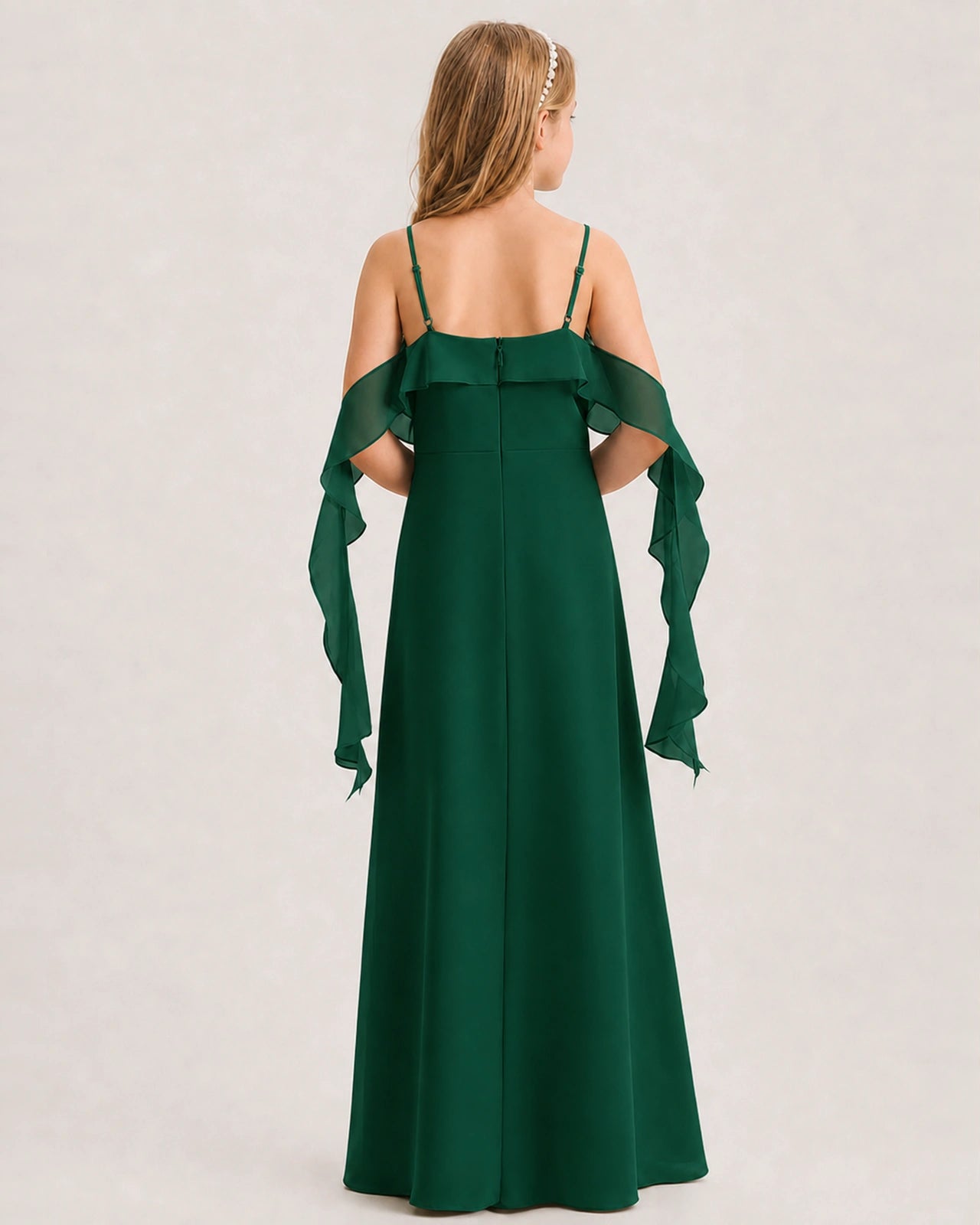 Dark Green Junior Bridesmaid Dress Cold-Shoulder Ruffle Asymmetric Draped Slit Chiffon A-Line Gown Back Full View