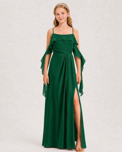 Dark Green Junior Bridesmaid Dress Cold-Shoulder Ruffle Asymmetric Draped Slit Chiffon A-Line Gown Front Full View