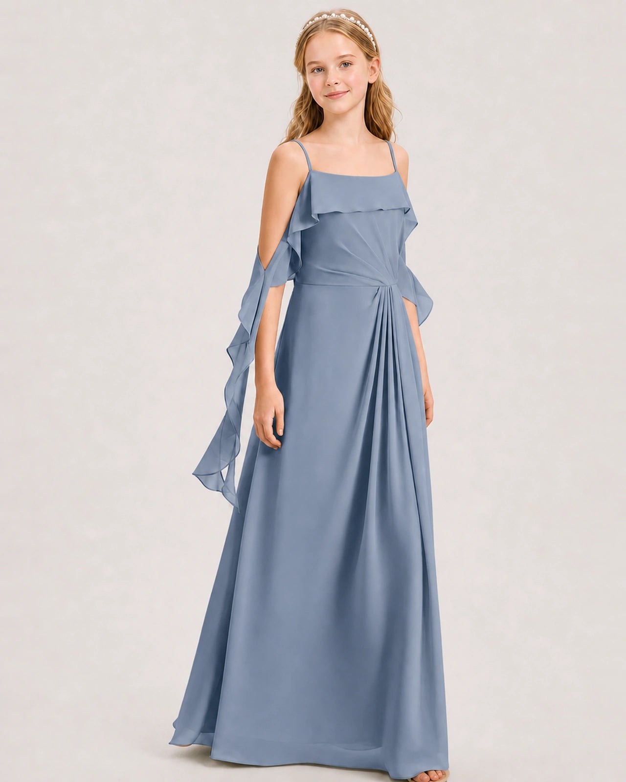 Dusty Blue Junior Bridesmaid Dress Cold-Shoulder Ruffle Asymmetric Draped Slit Chiffon A-Line Gown Front Full View