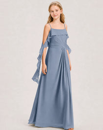 Dusty Blue Junior Bridesmaid Dress Cold-Shoulder Ruffle Asymmetric Draped Slit Chiffon A-Line Gown Front Full View